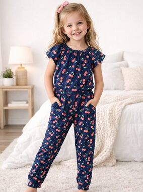 Wonder Nation Cherry Print Jumpsuit Girls Size 5T Navy Blue Cute Summer Outfit